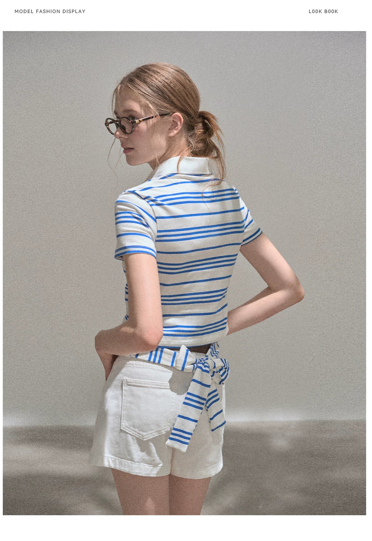 XUJING Waist Front Shoulder Striped Polo Shirt Tee