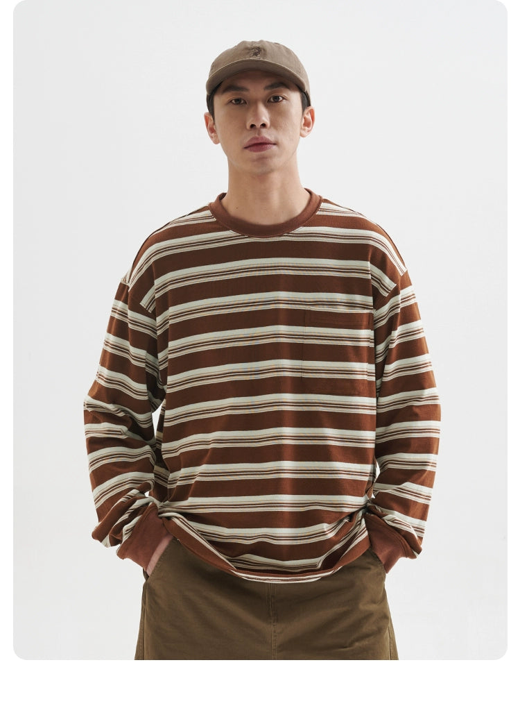 BUTTBILL stripes Japanese crew neck loose silhouette Long Sleeve Tee