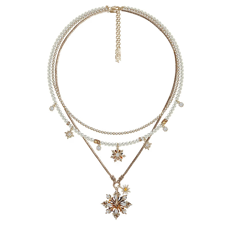MASW Gold Pearl Double Stacked Snowflake Sweater Chain