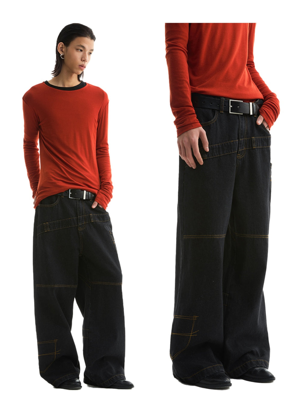 FUNKYFUN Thread Embroidered Loose Straight Jeans