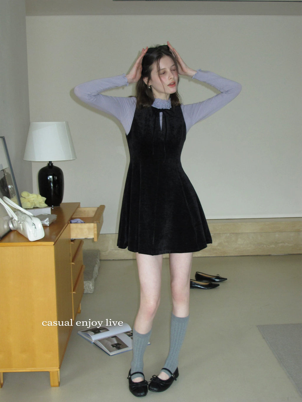 EGGKA Lace-up Bow Temperament Waist and Thin Dress