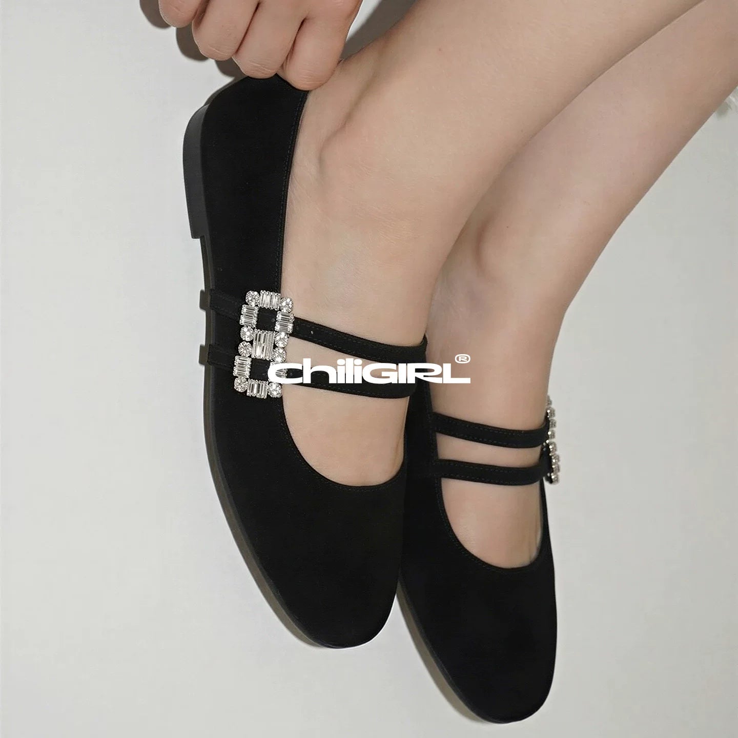 CHILIGIRL Suede Temperament Rhinestone Square Buckle Double Belt Versatile Single Shoes