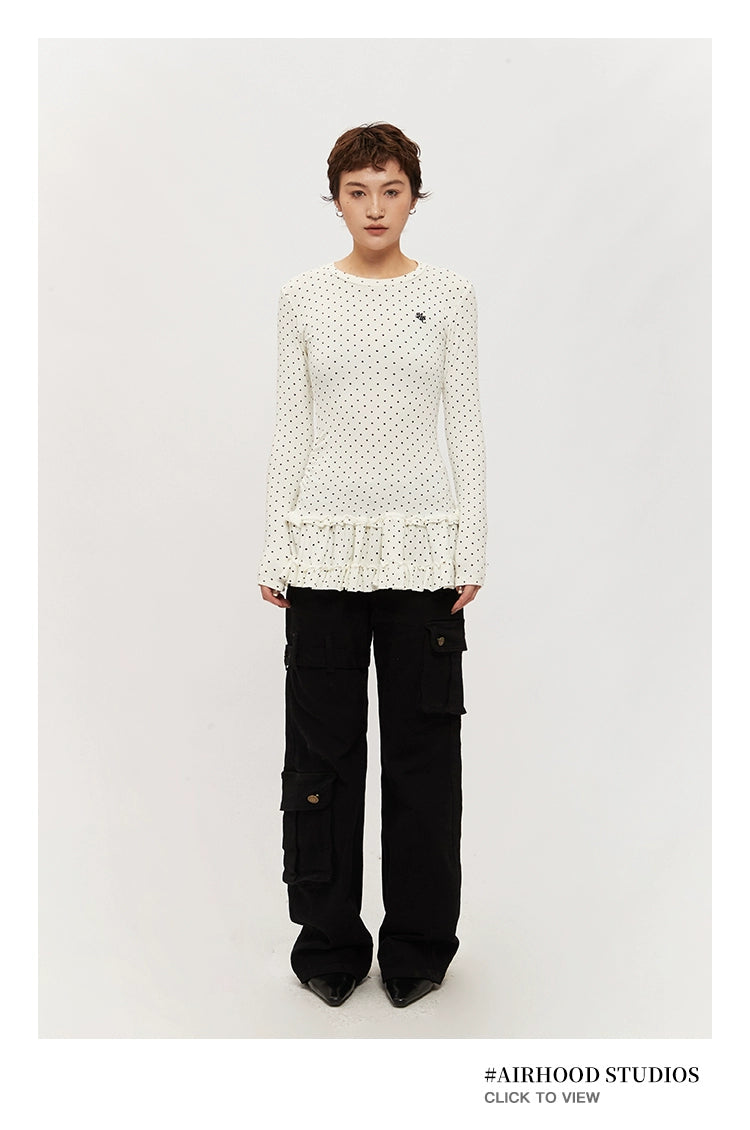 Mershier Polka Dot Full Print One-piece Pleated Skirt Long Sleeve