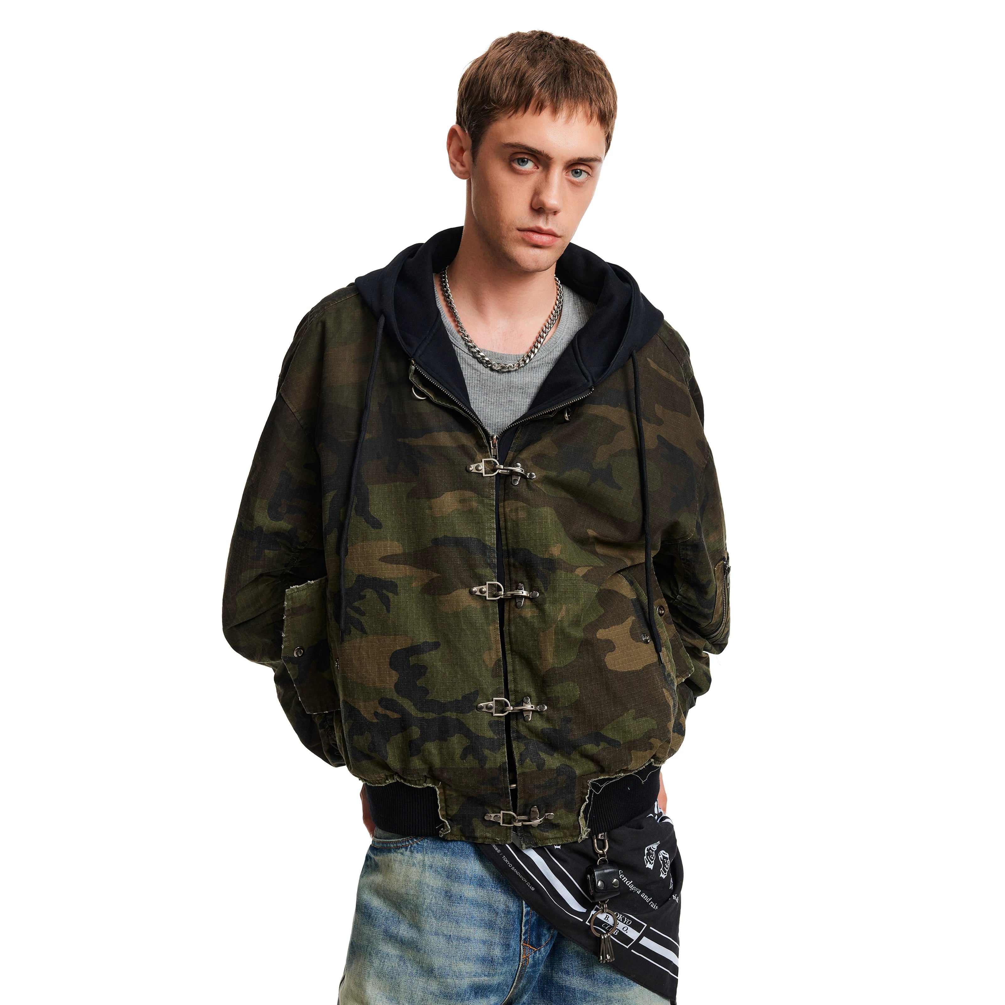 MADWITCH Retro Old Camouflage Aircraft Buckle Hooded Cotton Jacket