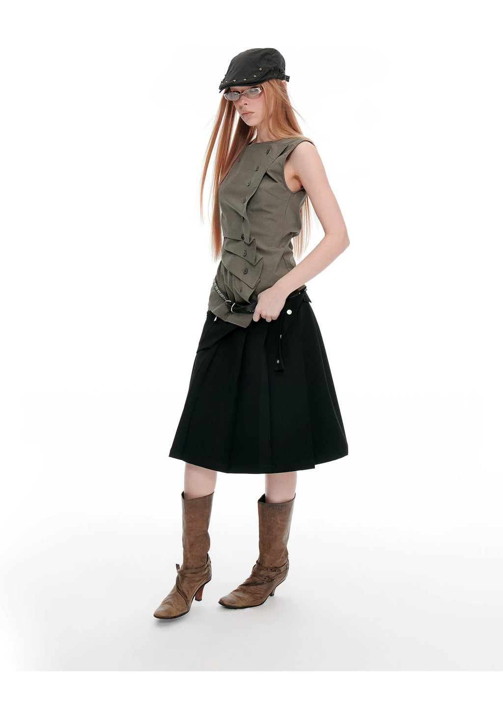 JIKOO Diagonal-breasted Waist-pleated Sleeveless Shirt