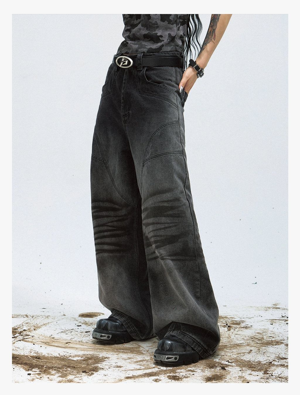 PEOPLESTYLE Vintage Pleated Washed Old Straight Jeans