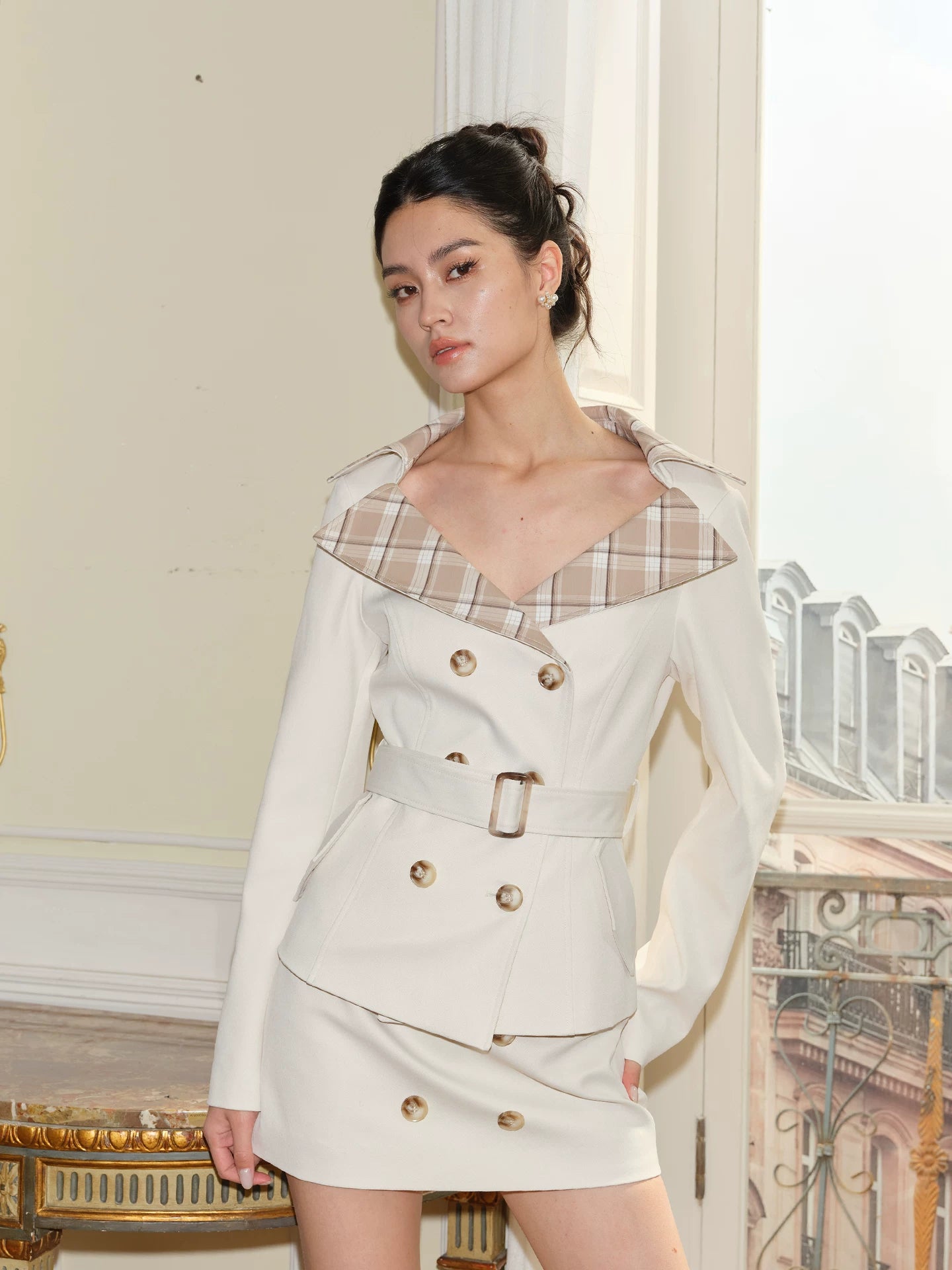 J TheChosen Lapel Plaid Trench Coat Skirt Set