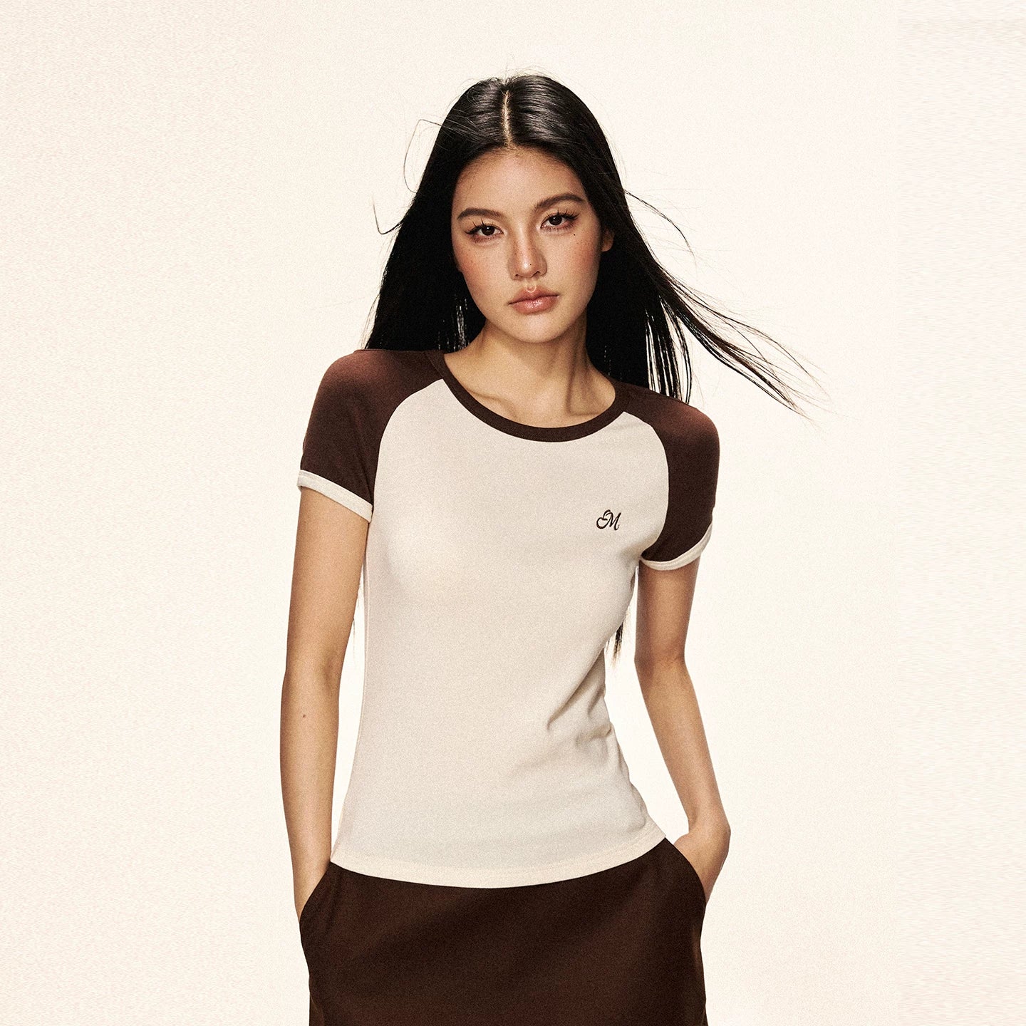 Cherry Melody Raglan Contrast Short Sleeve Fitted Tee