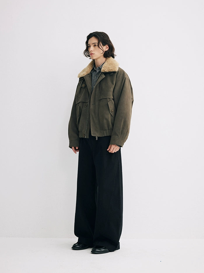 CARPEM Vintage Matte Fur Collar Padded Leather Jacket