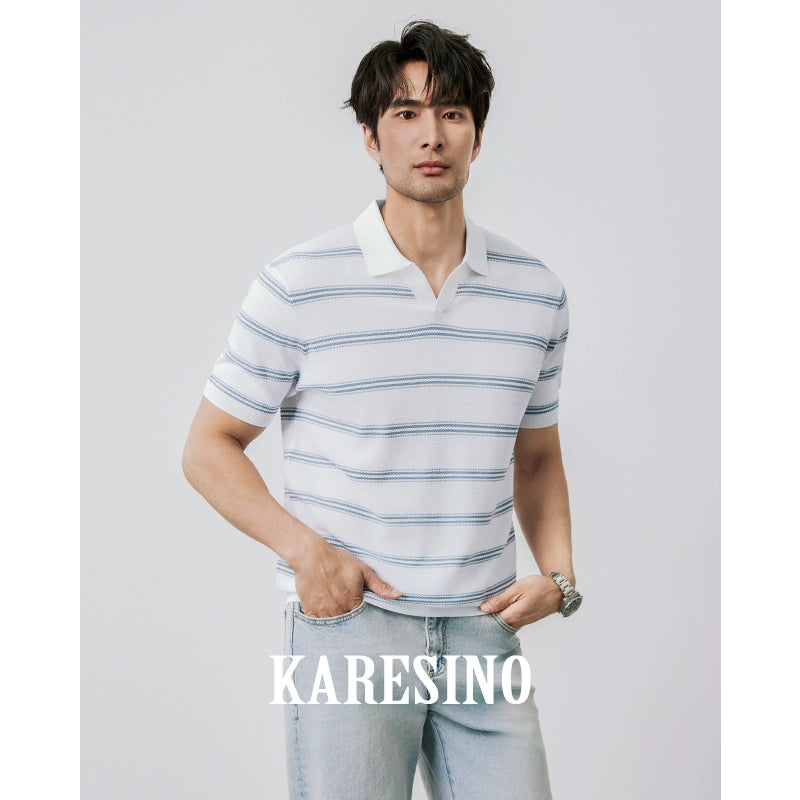 KARESINO Ice-silk Lapel-neck Striped Knitted Polo Shirt