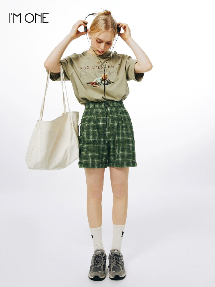 IMONE Vintage Plaid Loose High Waist Straight Pants