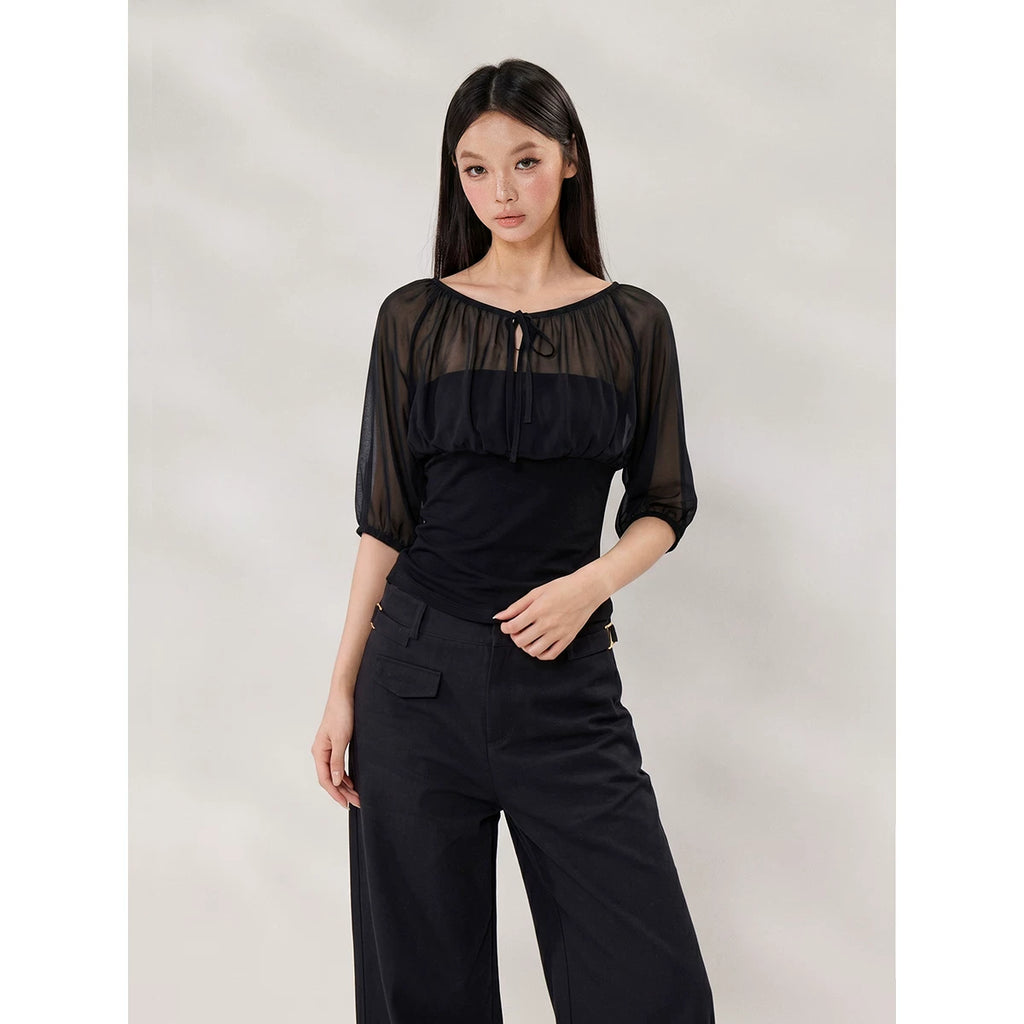 WITHMIN Front Shoulder Waist Thin Fake Two-piece Tee