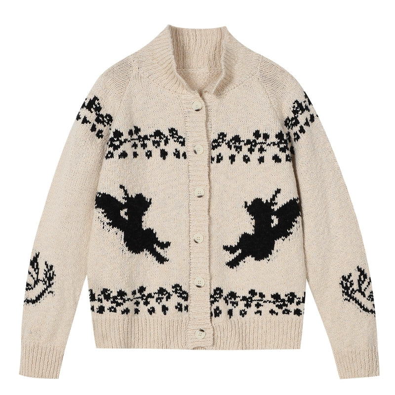 MEDM Casual Angel Pattern Embroidered Lapel Knitted Sweater