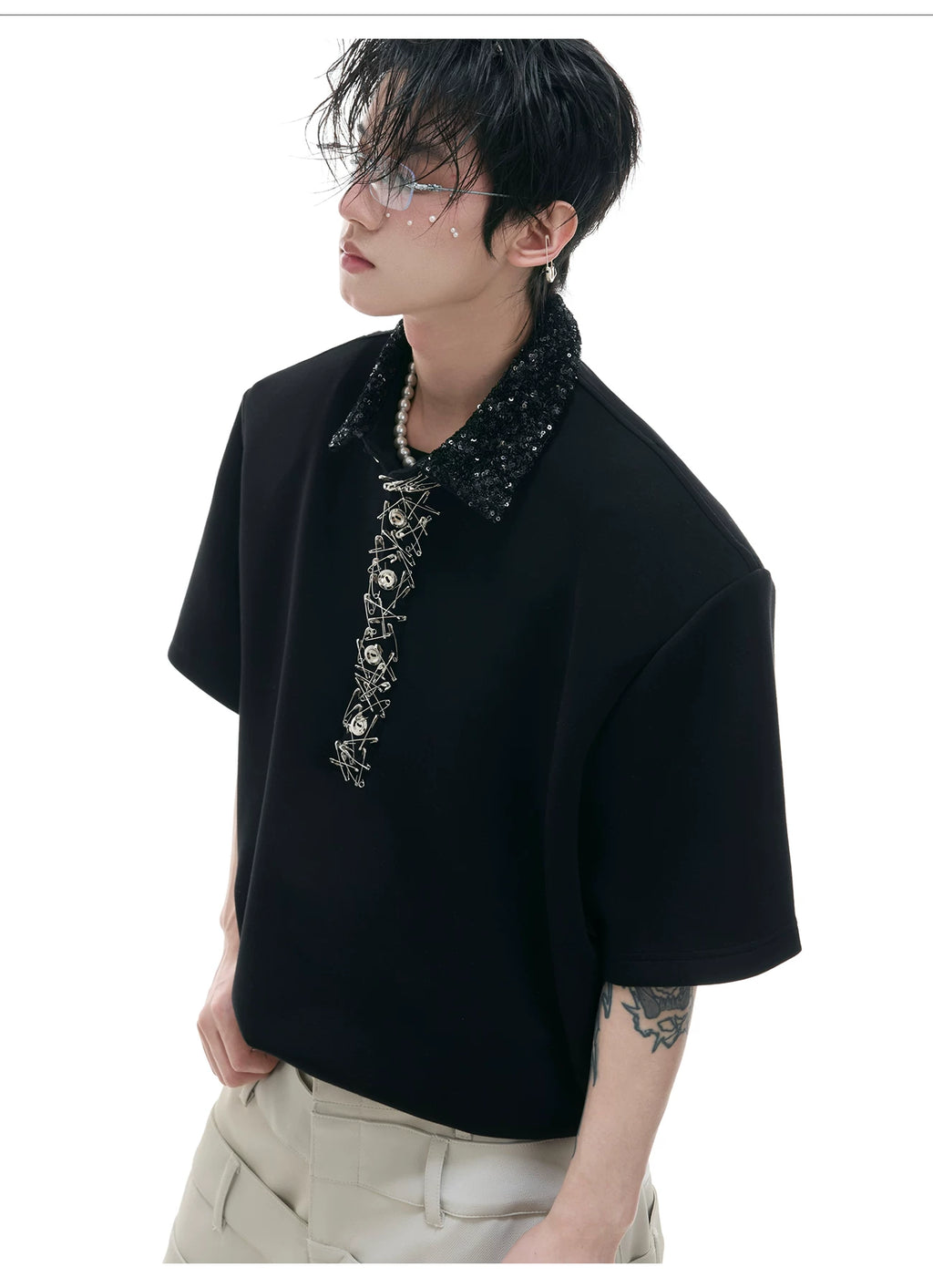 ArguECulturE Niche Sequined Square Neck Loose Polo Shirt Tee