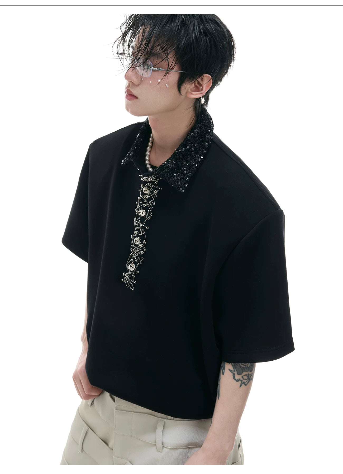 ArguECulturE Niche Sequined Square Neck Loose Polo Shirt Tee