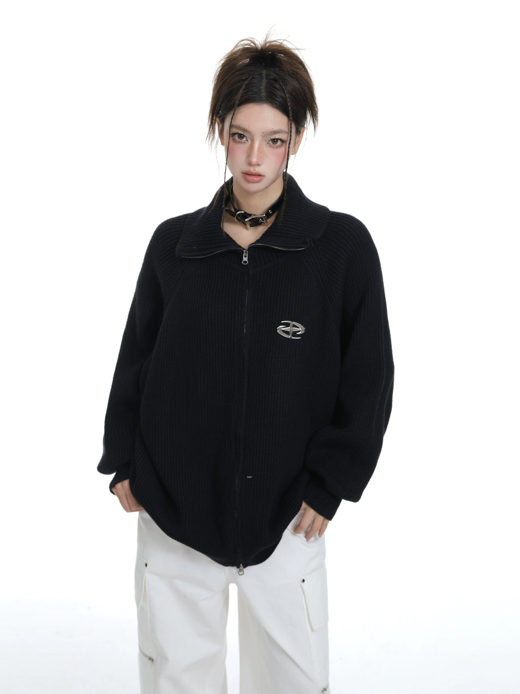 KDASE Double Zipper Stand-up Neck Sweater Jacket
