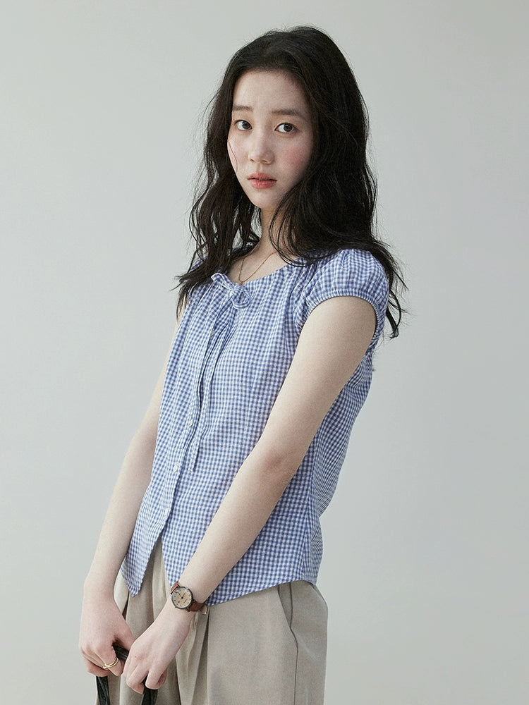 VOOE Vintage Contrast Checked Drawstring Shirt