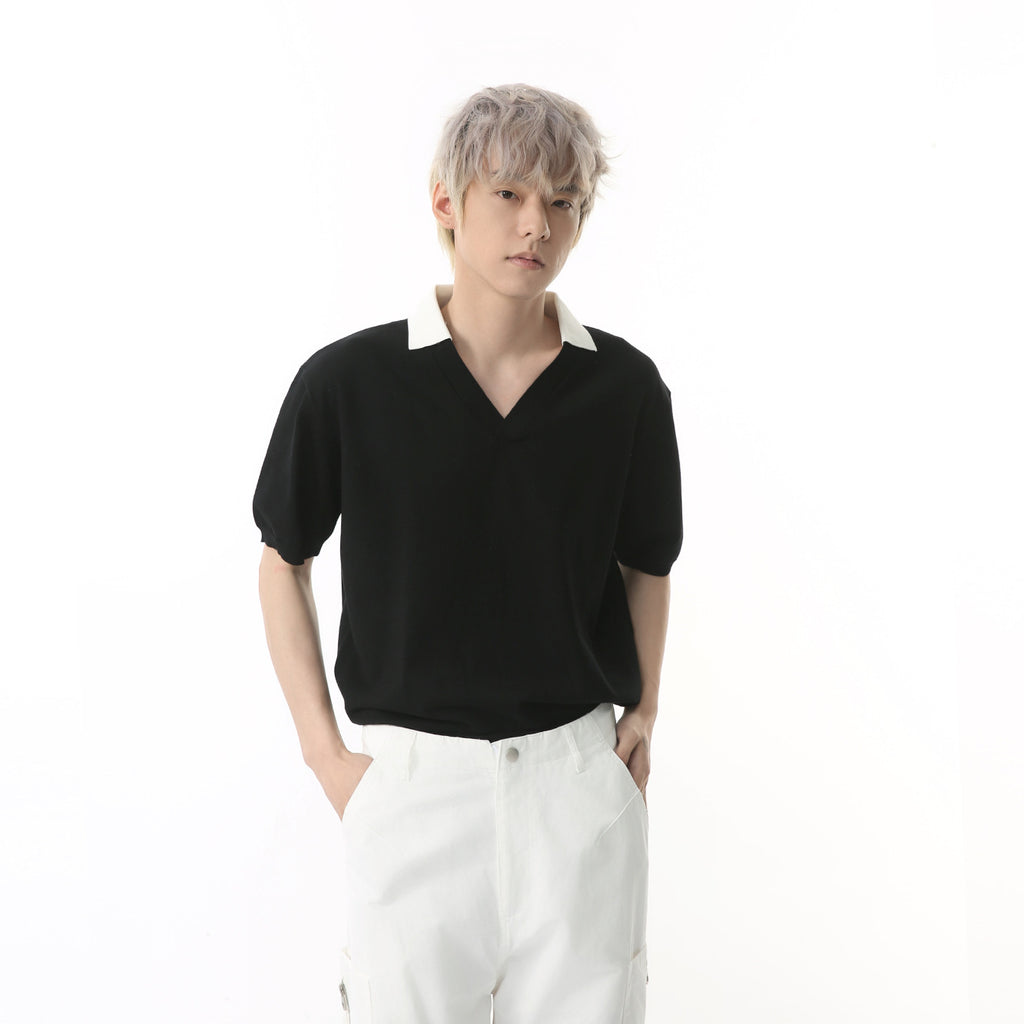 MTLCLOTHES Simple V-neck Knitted Polo Shirt