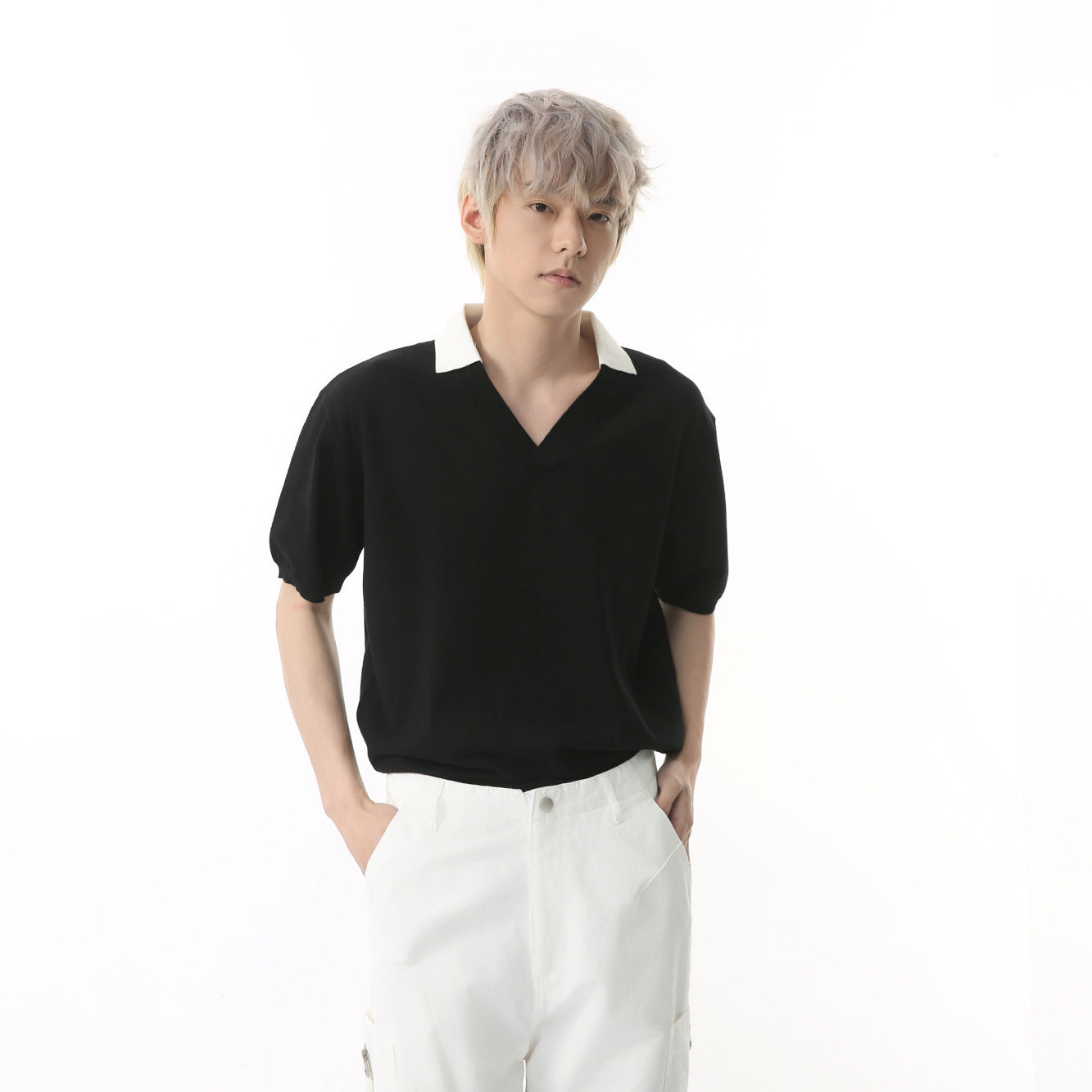 MTLCLOTHES Simple V-neck Knitted Polo Shirt