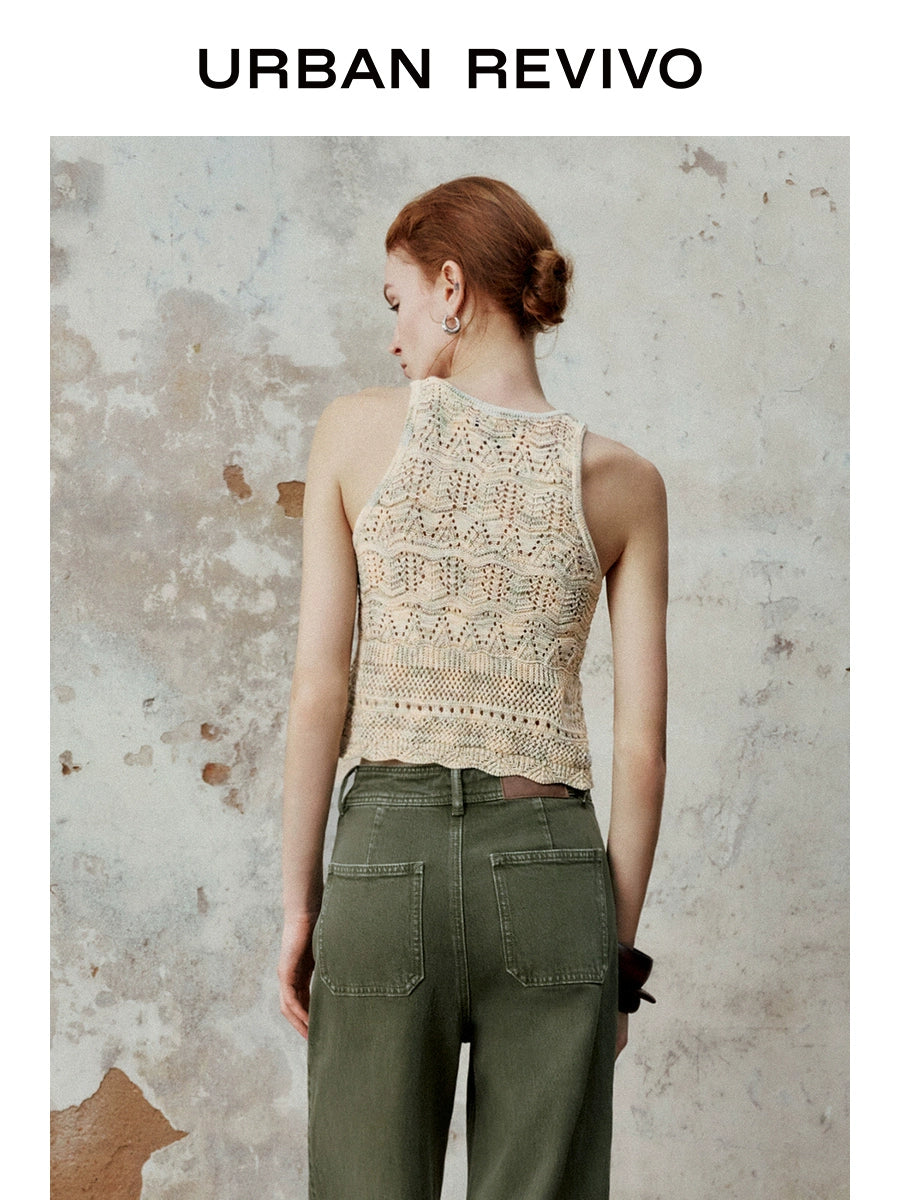URBAN REVIVO Lazy Crochet Wavy Edge Sleeveless Knitted Sweater