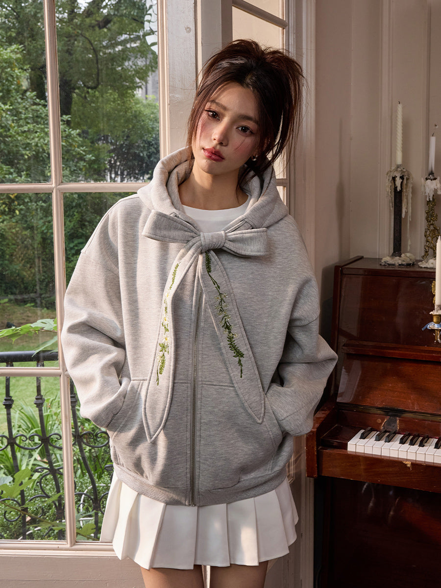 Harshandcruel Detachable Floral Embroidery Bow Tie Hoodie