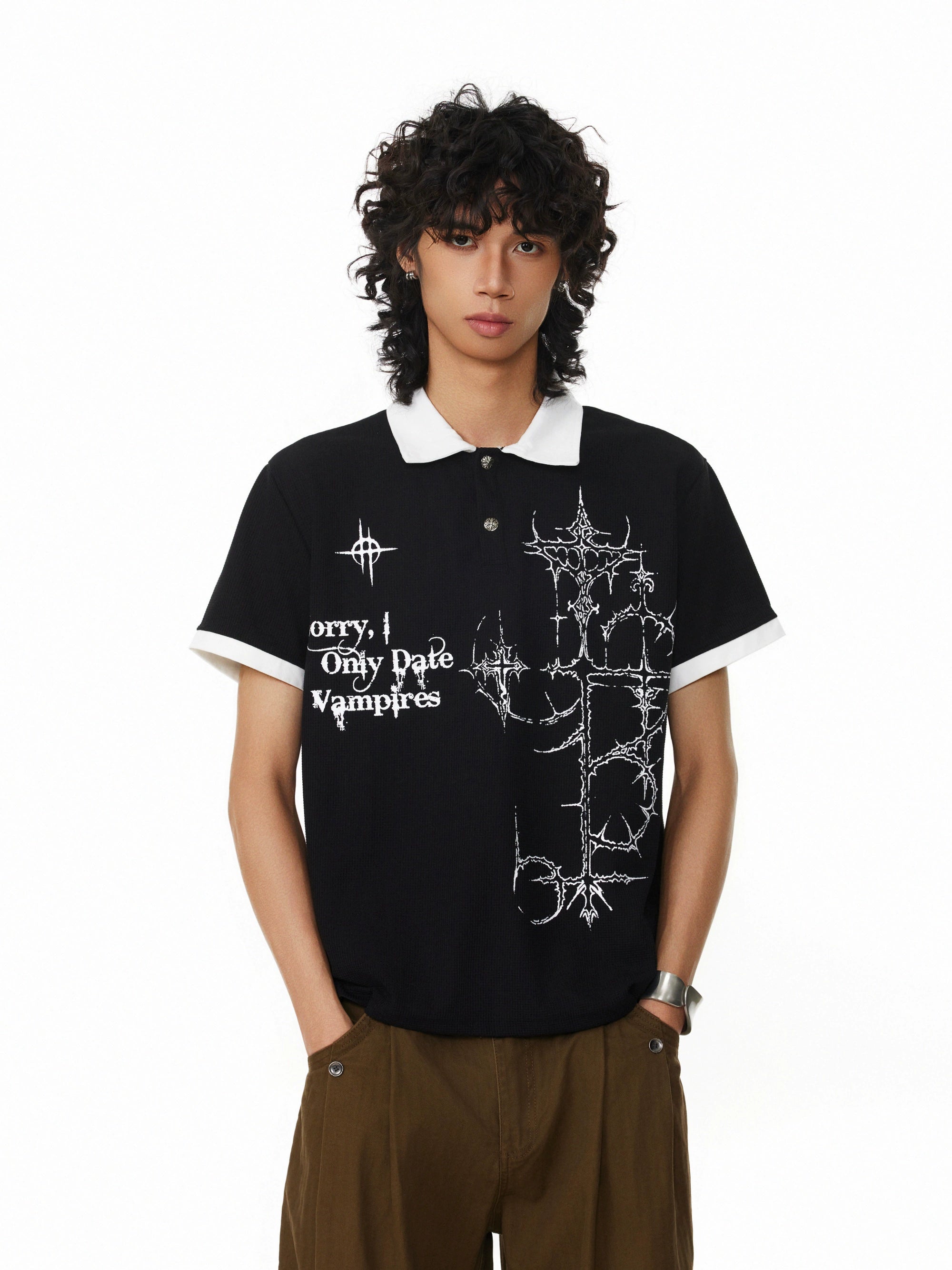 BTSG Waffle Print Front Shoulder Polo Shirt