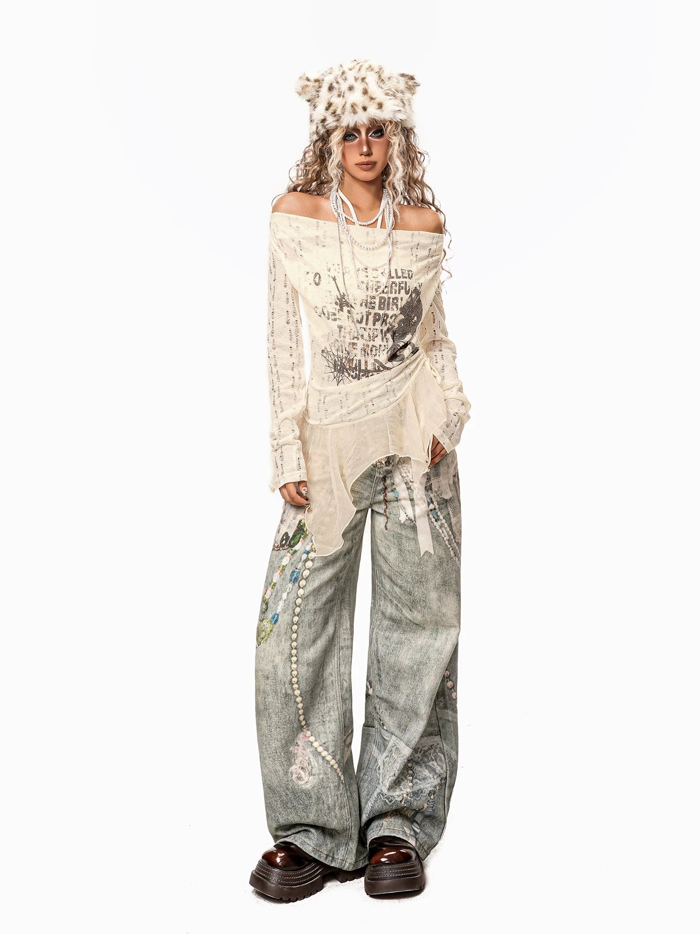 Arielink Retro Mesh Hem One-word Shoulder Graffiti Long Sleeve