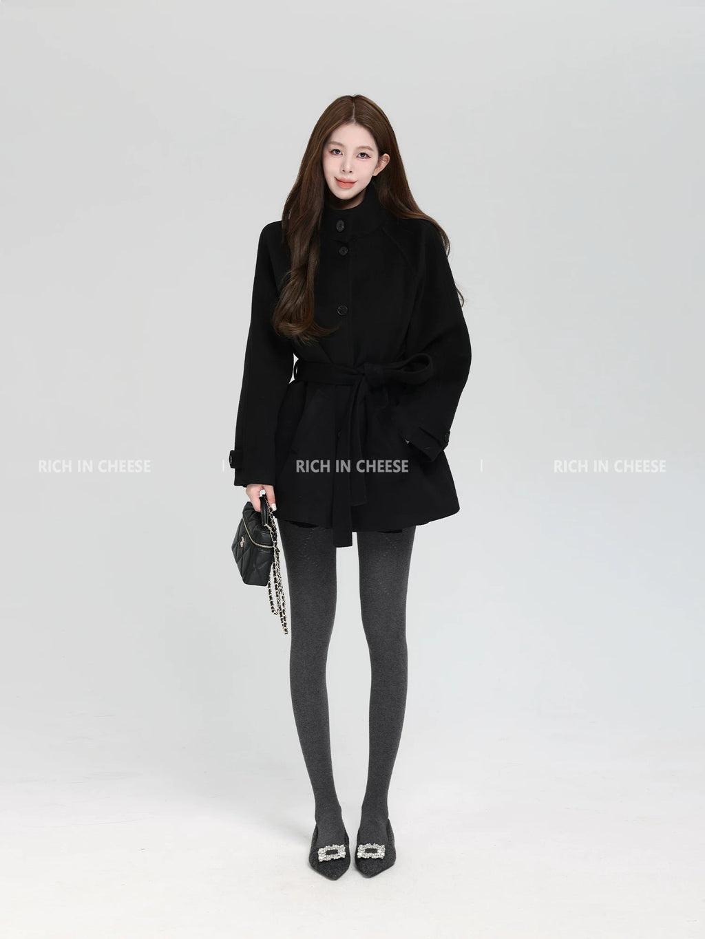 RICH IN CHEESE Premium Sense Stand-Up Neck Lace-Up Waist Wool Jacket