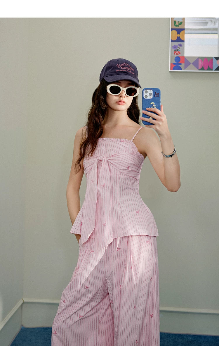 Kuose Striped Suspender Casual Pants Two-piece Set