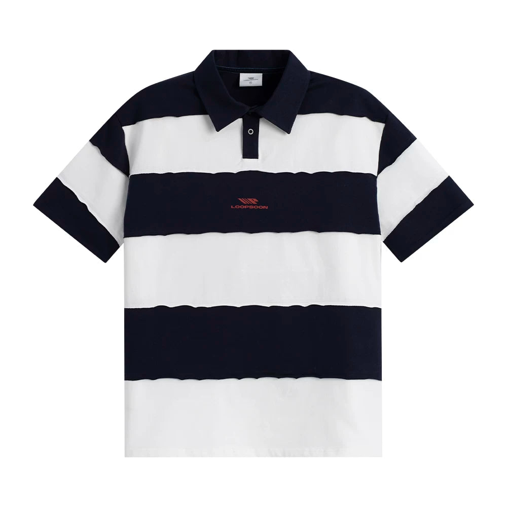 Loopsoon Vintage Contrasting Stripe Stitching Rough Edge Polo Tee