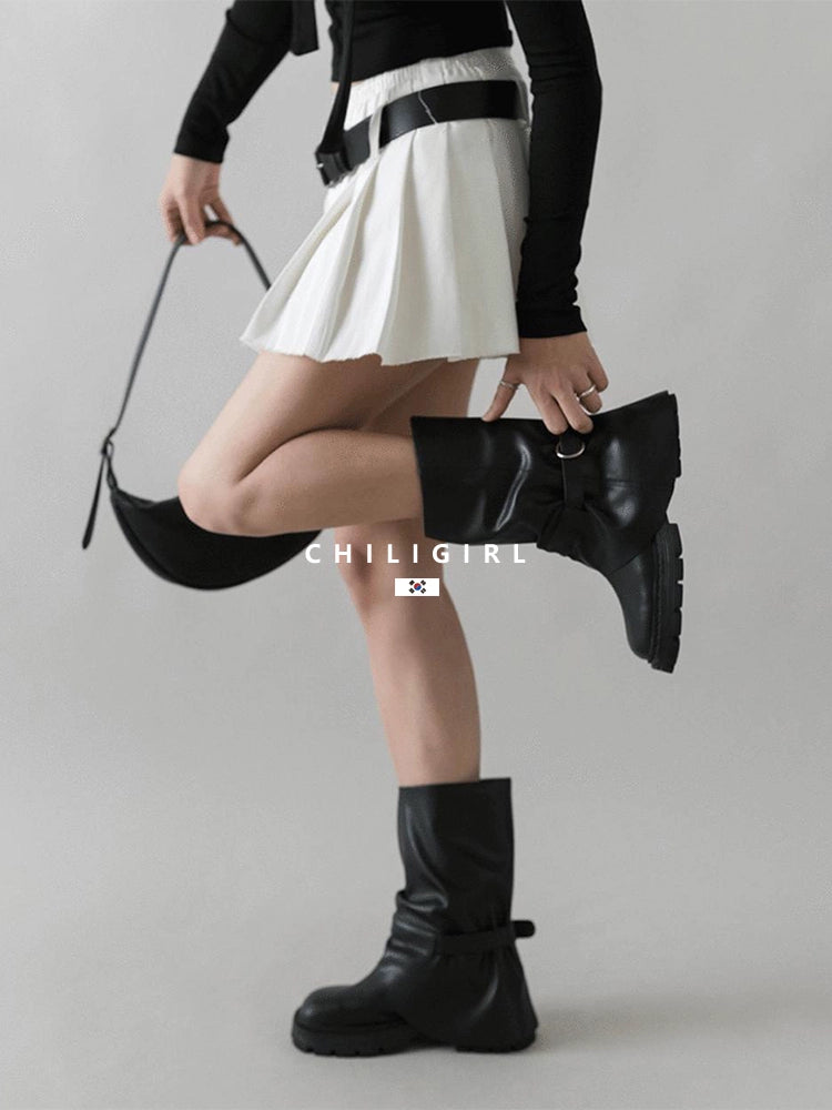 CHILIGIRL Belt Pleated Handsome Stacked Pants Tube Boots