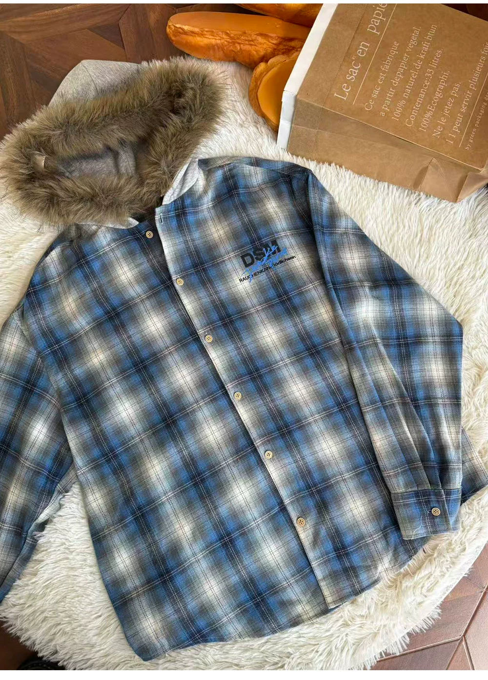 DONSMOKE Checked Hooded Fur Collar Shirt