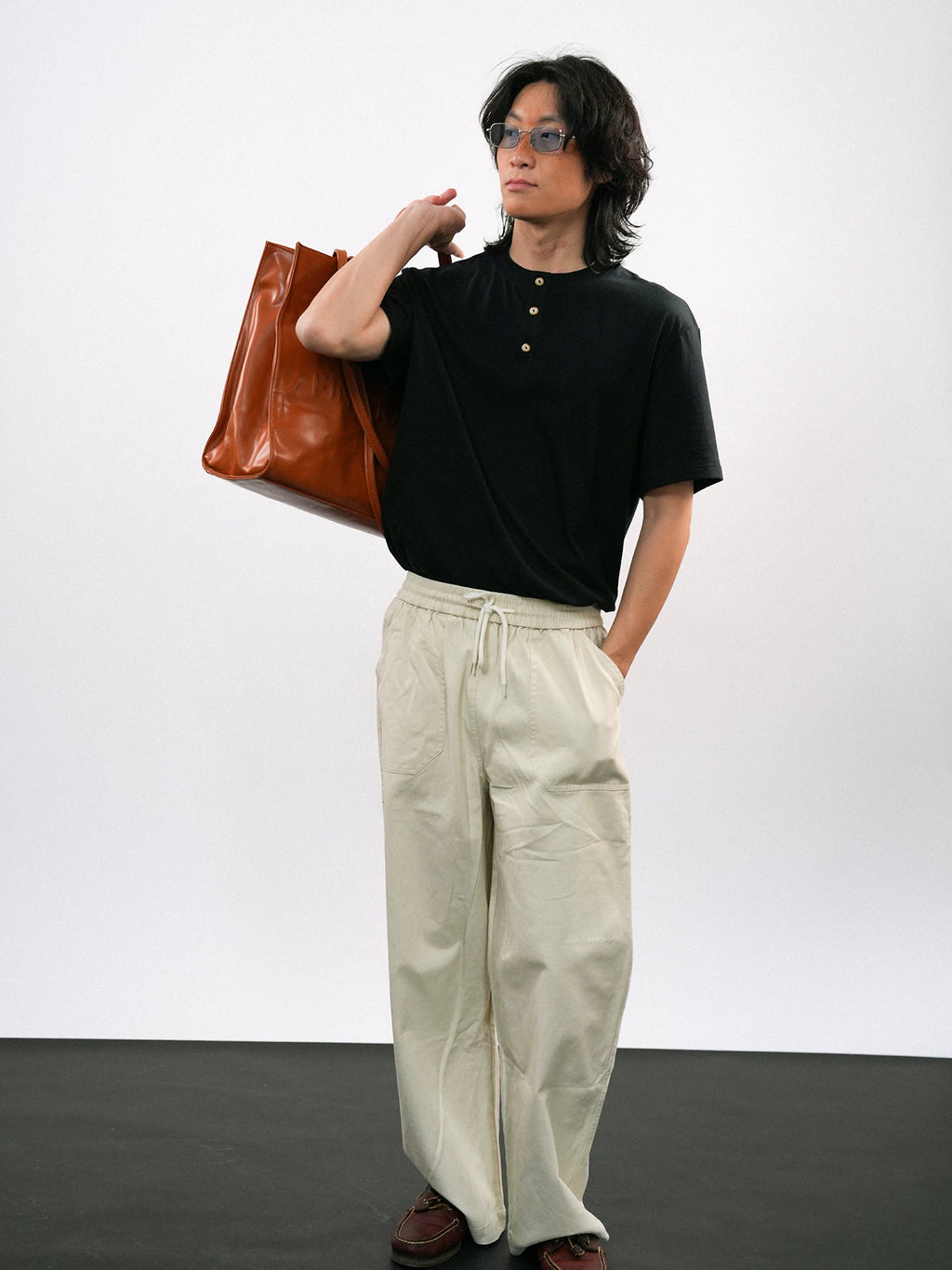 O3PARK Vintage Loose Henry Collar Knitted Tee