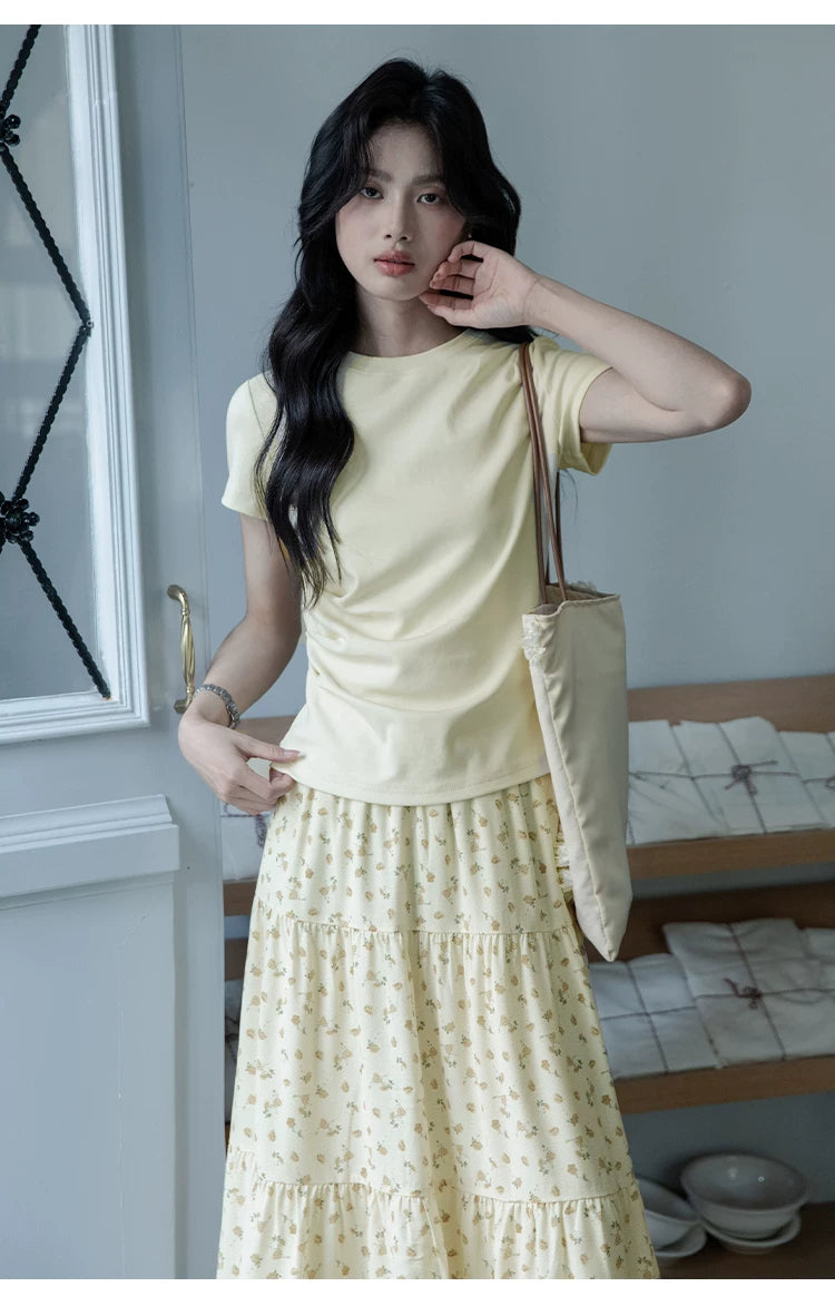 XUJING Pleated Front Shoulder Slim and Thin Tee