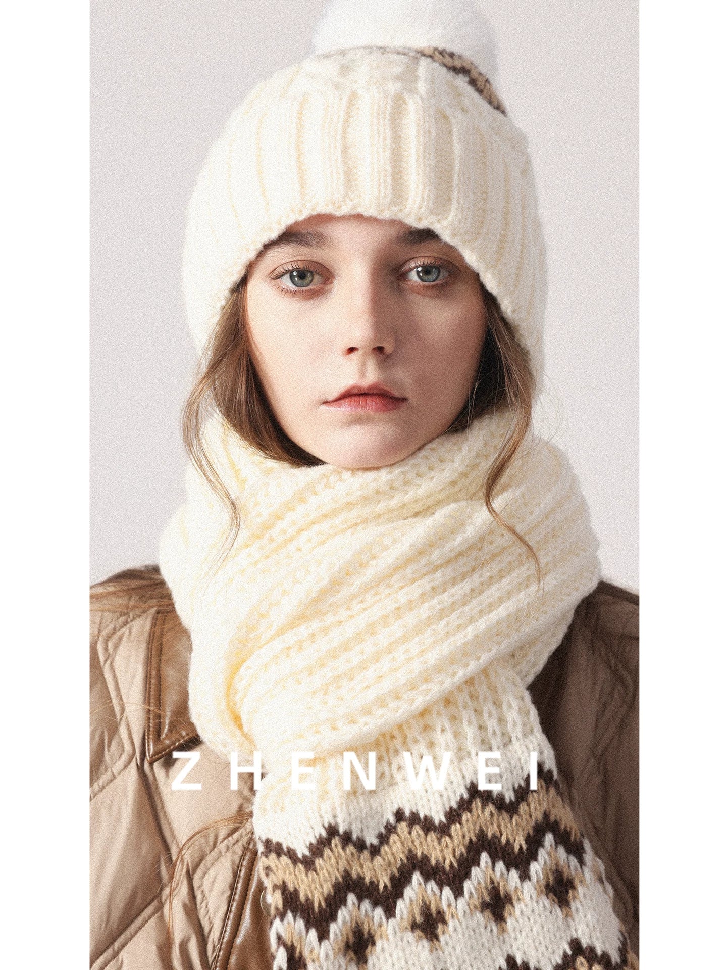 ZHENWEI Knitted Jacquard Thermal Suit Hat Scarf