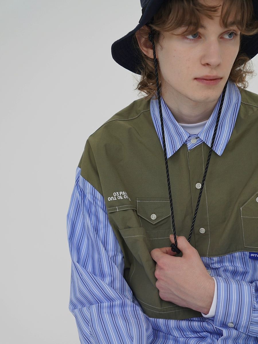 O3PARK Japanese Loose Casual Color Contrasting Splicing Striped Shirt