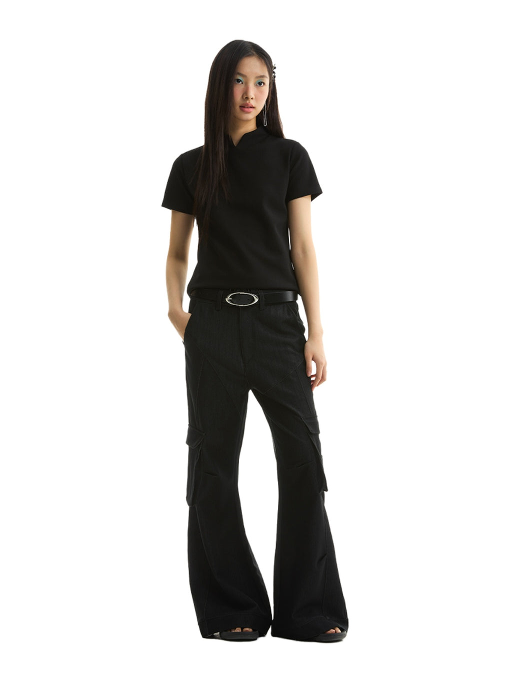 FUNKYFUN V-neck Small Stand-up Collar Space Cotton Slim-fit Tee