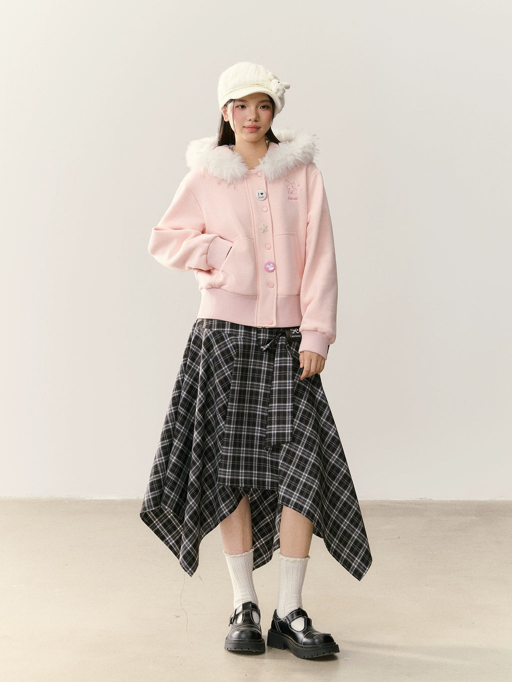 Umoumo Loose Puppy Embroidered Fur Collar Hooded Fleece Sweater