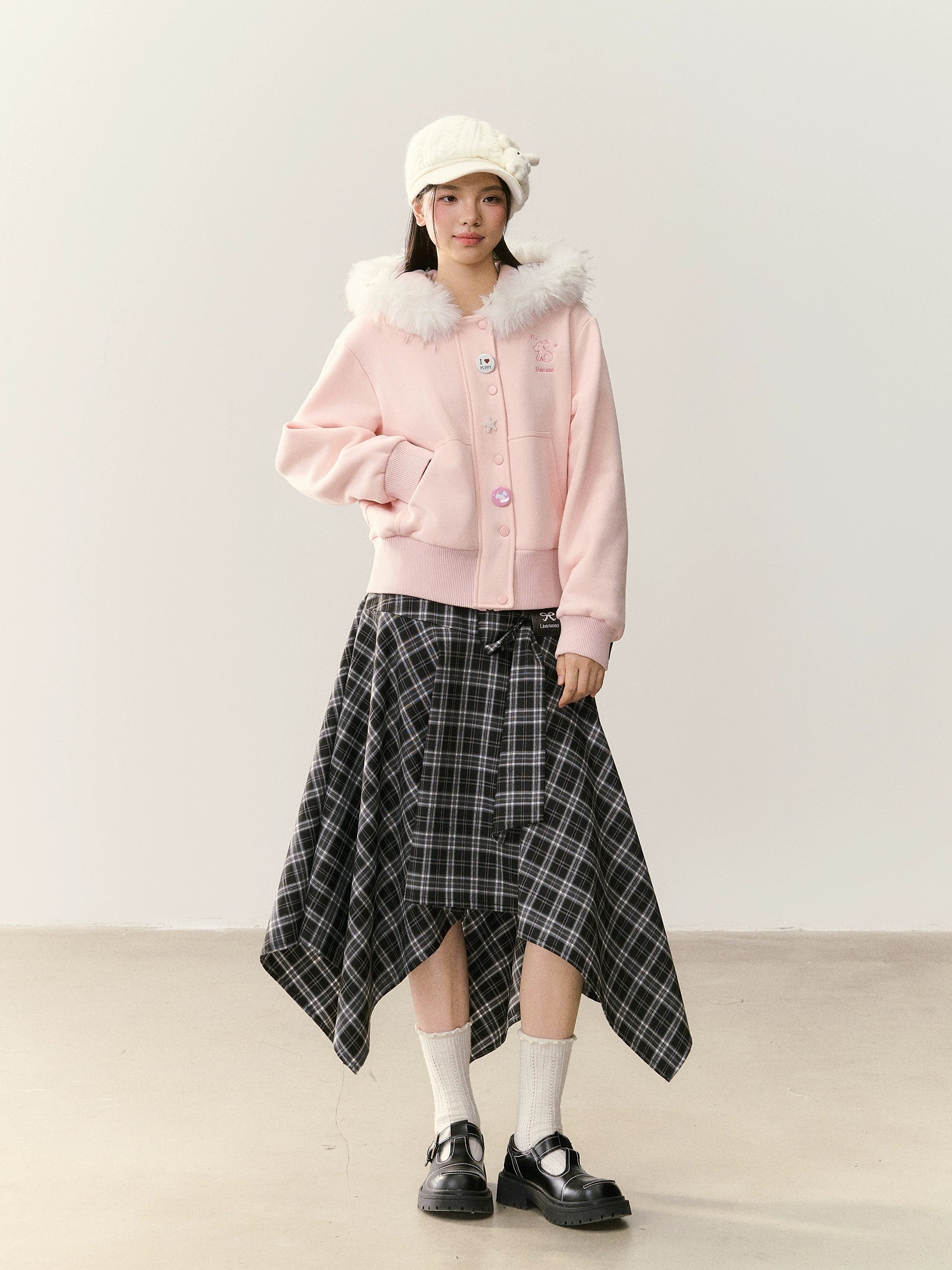 Umoumo Loose Puppy Embroidered Fur Collar Hooded Fleece Sweater