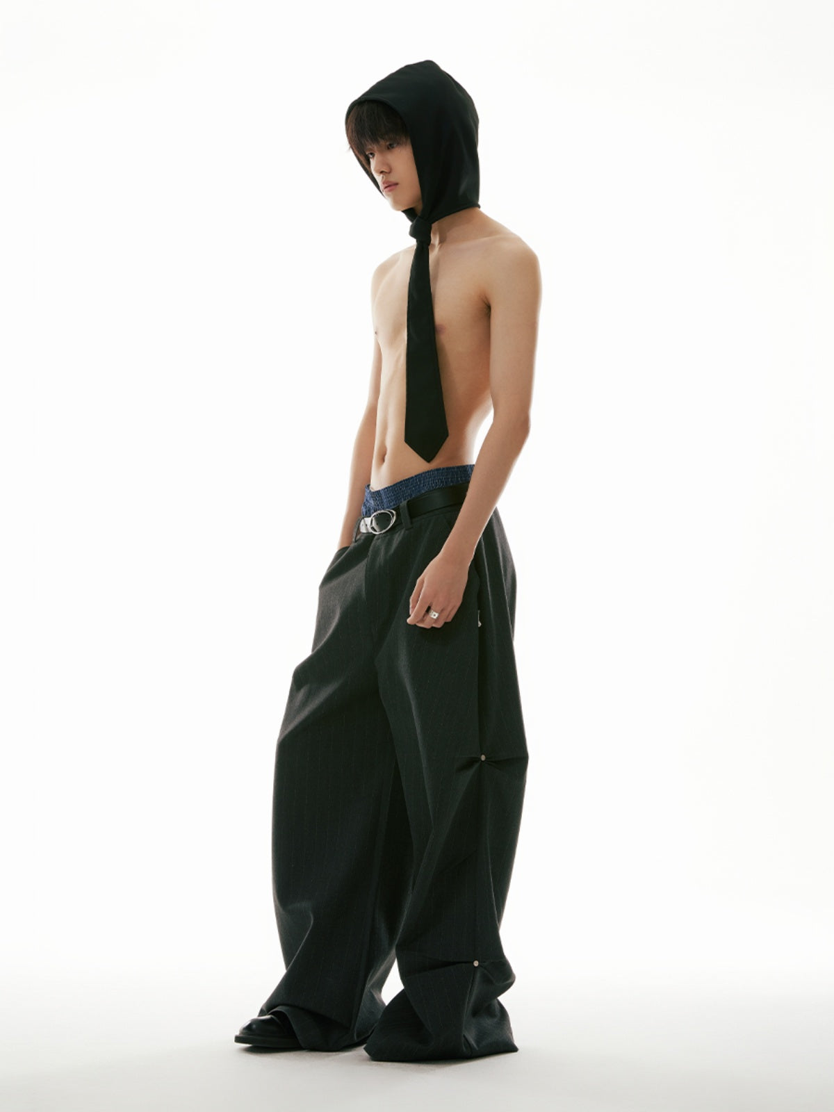 FUNKYFUN Stud Three-dimensional Pleated Dark Striped Straight Pants