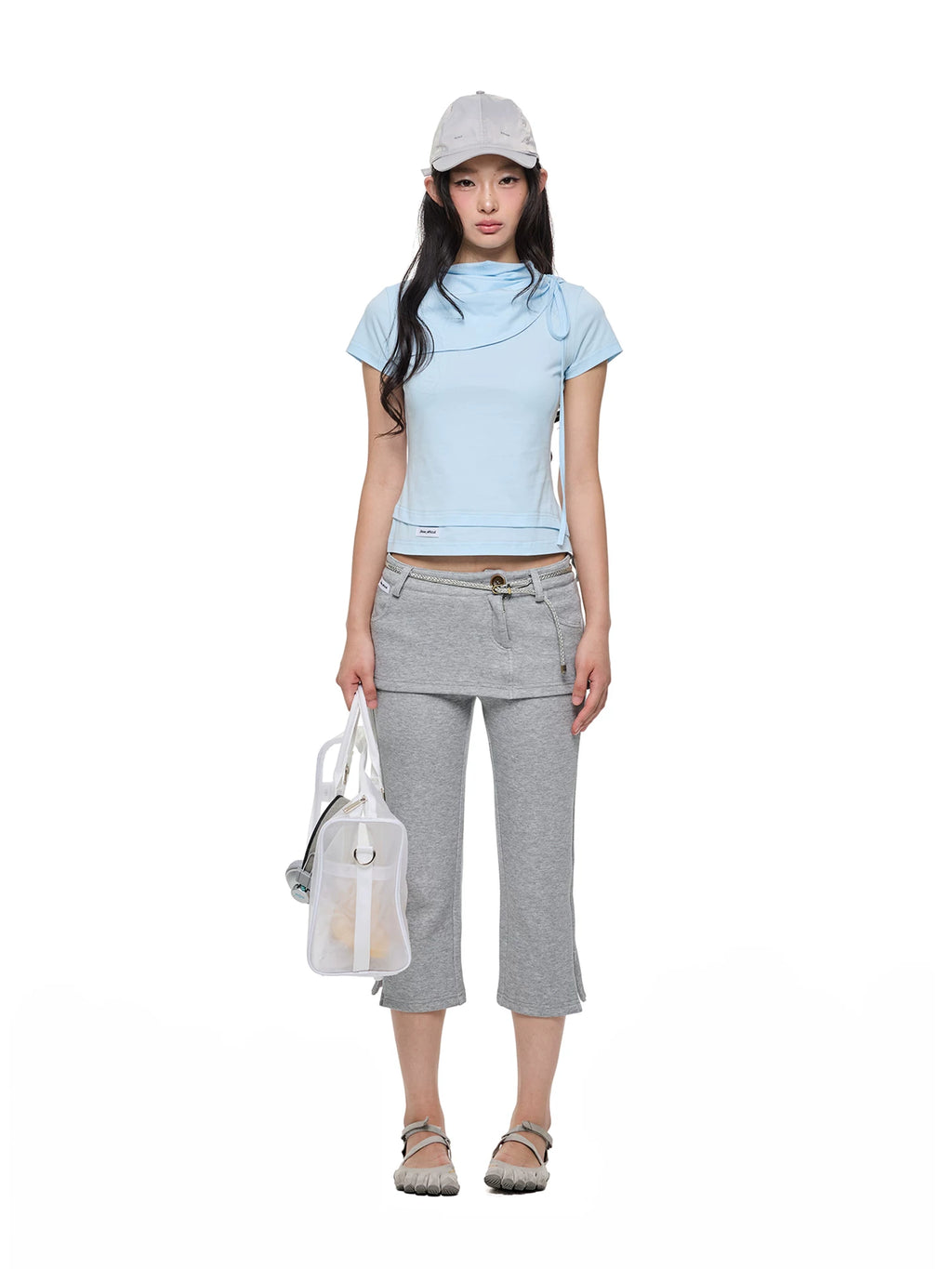 JIKOO Knot Vertical Pleated Shoulder Collar Casual Tee