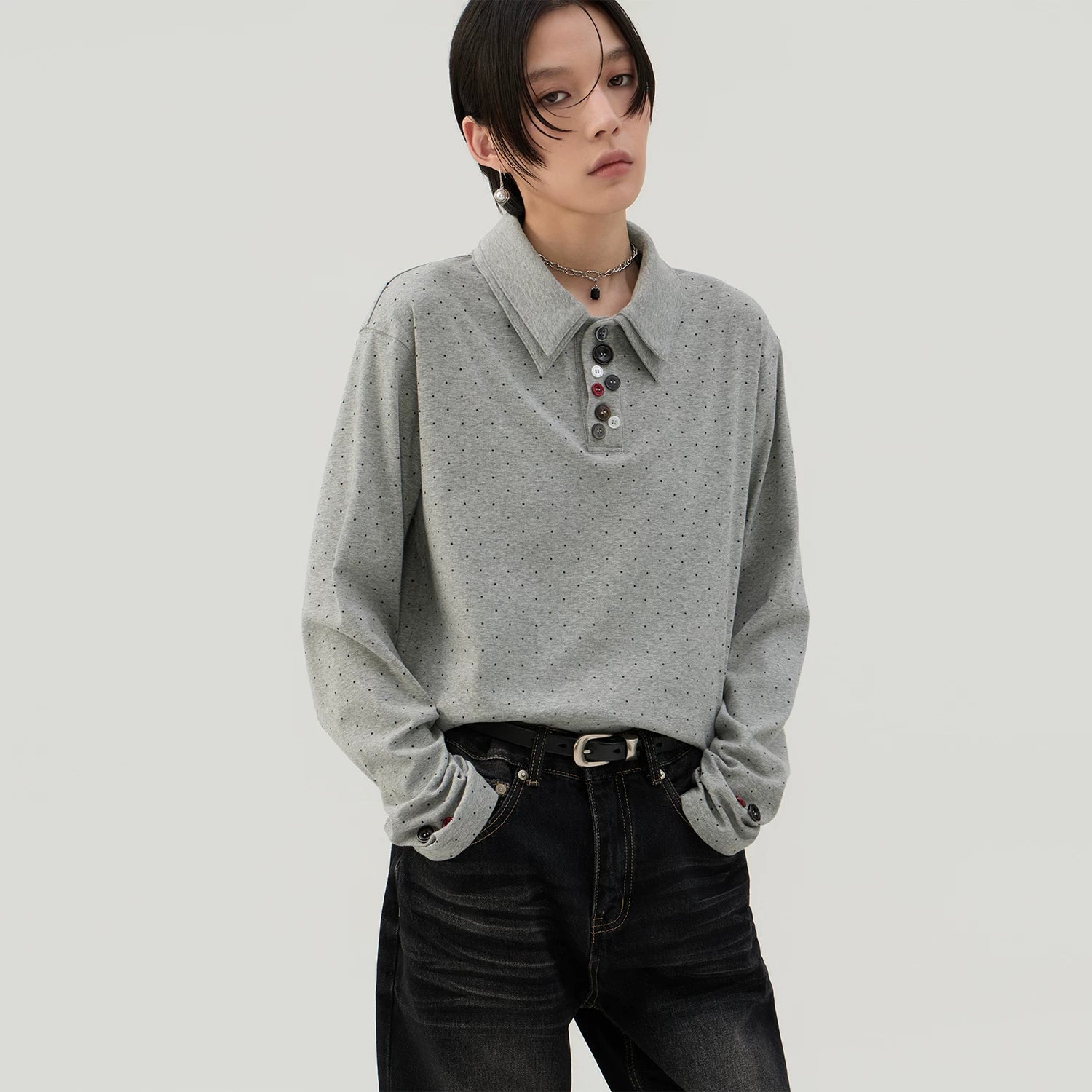 Sameuoo Double Polo Neck Polo Dot Long Sleeve