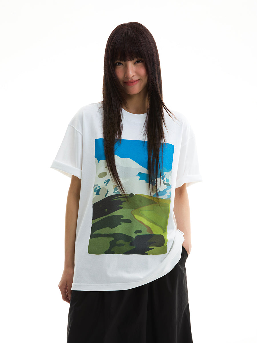 FUNKYFUN Hand-painted Oil Painting Sense Printing Loose TEE