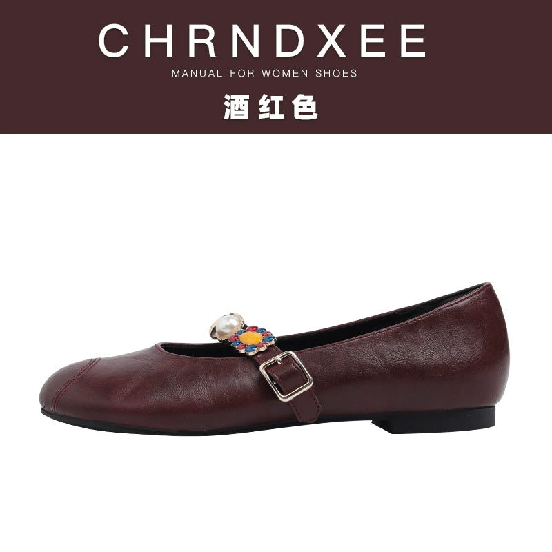 CHRNDXEE Retro Round Head Shallow Mouth Flat Mary Jane Shoes