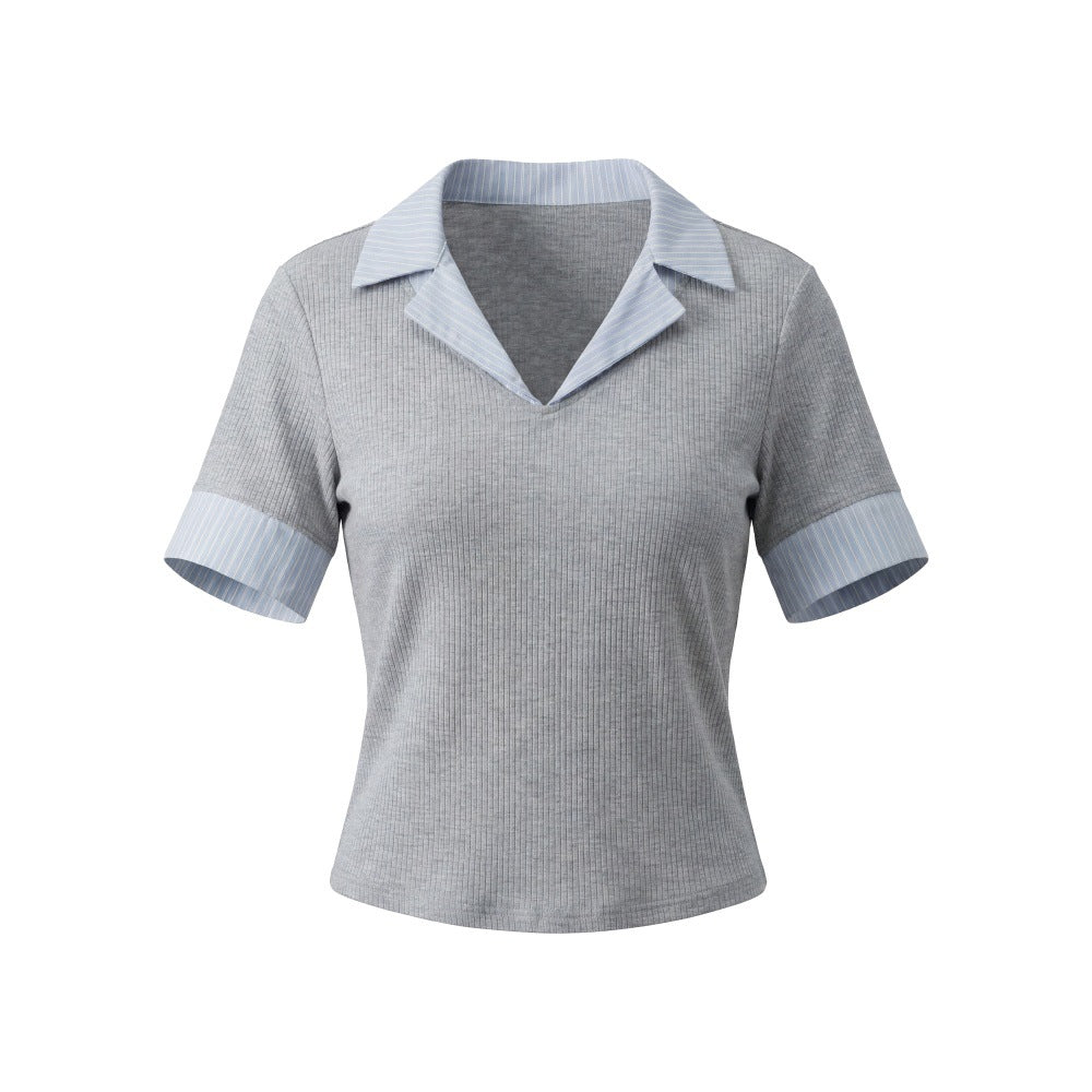 HeyHenry V-neck Fake Two-piece Polo Shirt Front Shoulder Tee