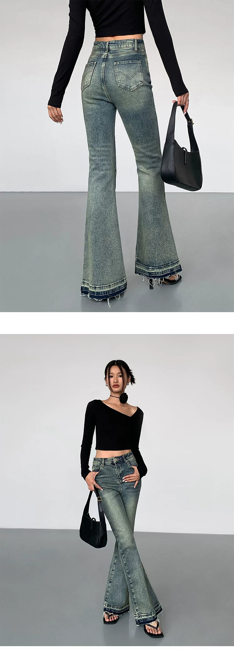 OUSPH Vintage High Waist Burr Edge Pull Jeans(clearance)