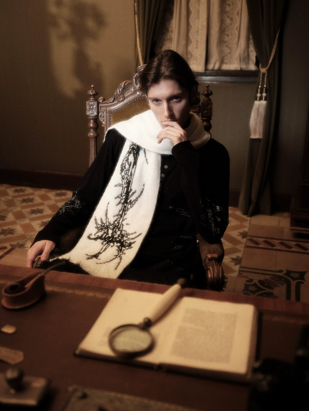 WANNA LAB Knitted Jacquard Fringed Scarf