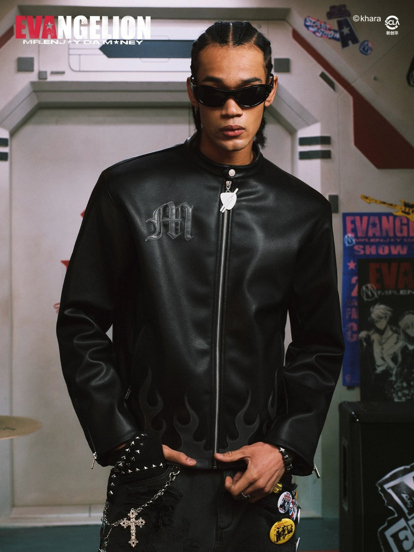 MEDM Flame Print Casual Zip Leather Jacket
