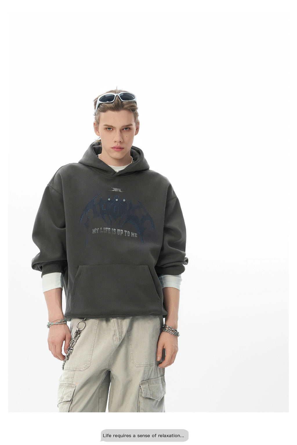 JHYQ Retro Beaded Dark Bat Print Hoodie