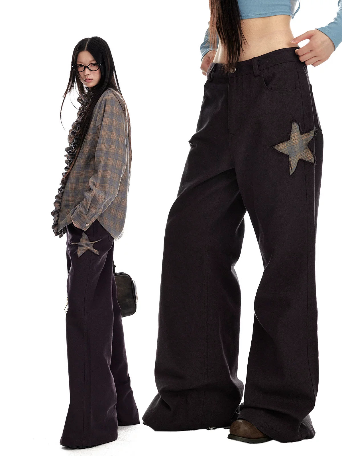 Jikoo Vintage Star Collage Loose Straight Wide Leg Pants